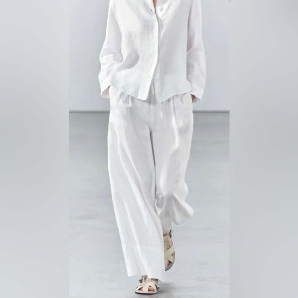 ZARA GORGEOUS LINEN WIDE PANTS LIGHT WEAR AS SEEN IN CROTCH Elegant White large